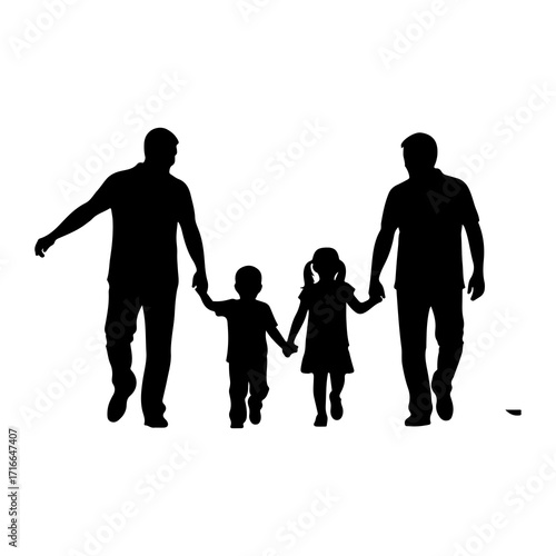 Two men walking with children silhouette family