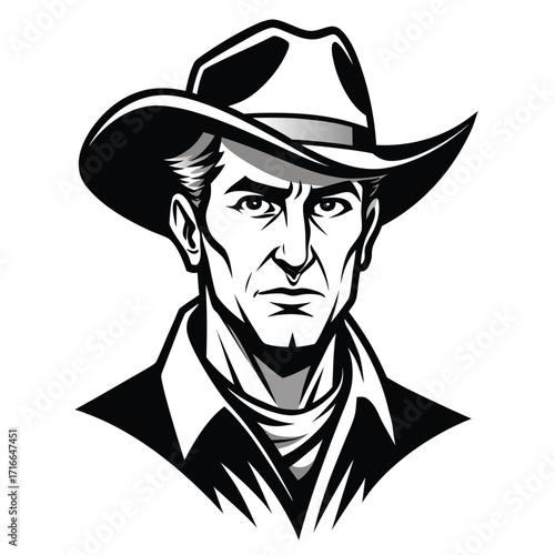 Cowboy Face Vector Illustration – Vintage Western Outlaw Portrait in Hat