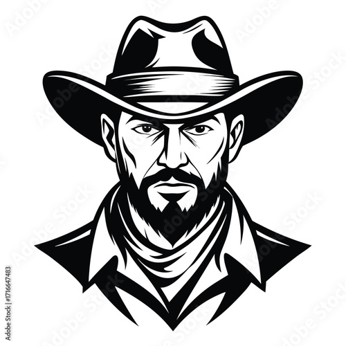 Cowboy Face Illustration – Black and White Vector of Bearded Man in Western Hat
