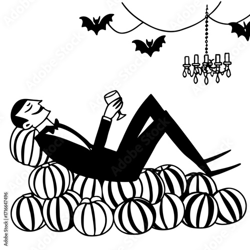dapper vampire lounging on a pile of striped pumpkins at a midnight banquet, toasting with a goblet of "blood orange" juice while bats flutter around a crystal chandelier made of candy corn