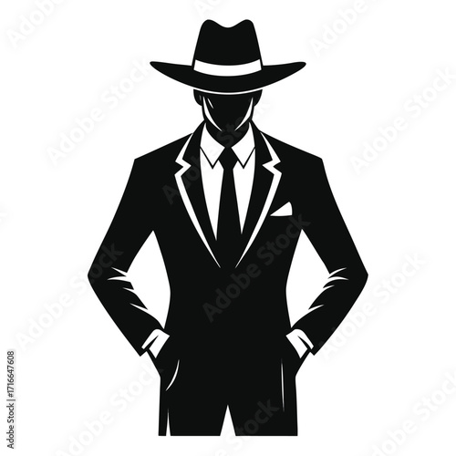 Cowboy in Suit Silhouette  Black Vector Illustration of Man in Hat and Tie”