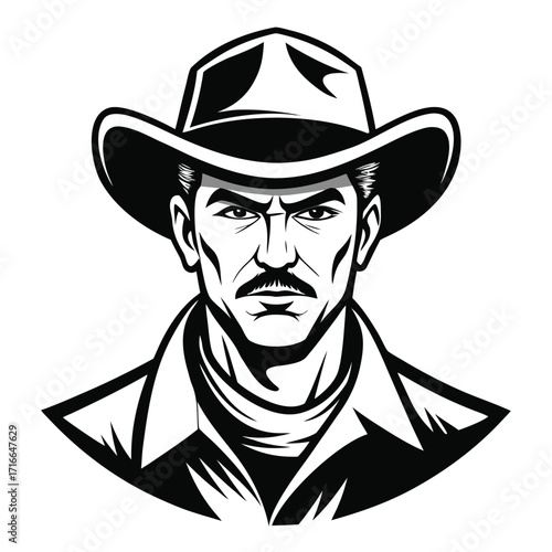 Cowboy Face Illustration – Black and White Vector of Bearded Man in Western Hat