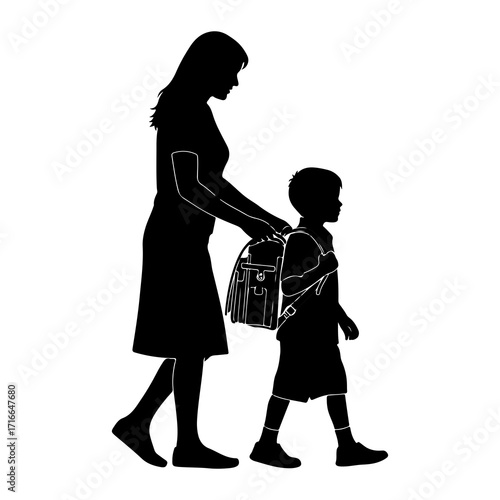 Woman and child walking with backpack silhouette