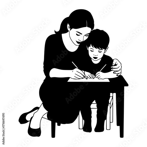 Woman and child writing at desk learning
