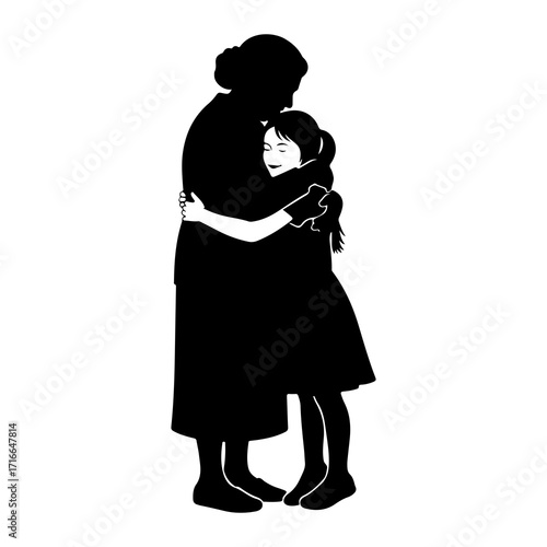 Woman embracing girl silhouette embrace