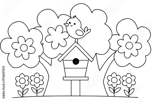 Bird on a Birdhouse with Trees and Flowers Coloring Page for Kids Keywords: bird, birdhouse, nest, tree, trees, flowers, nature, spring, summer