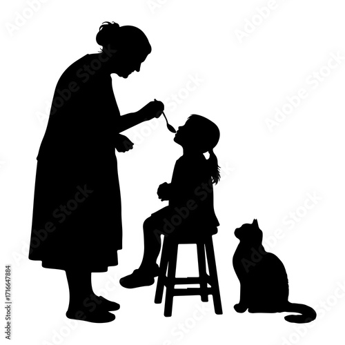 Woman feeding child with spoon cat watching vector