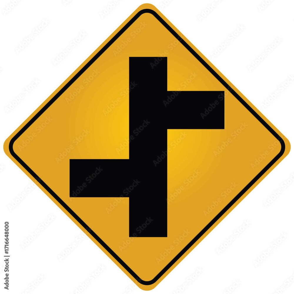 Obraz premium Cautionary Staggered Intersection Ahead Road Safety Hazard Sign for Driver Awareness Isloated On White Bg