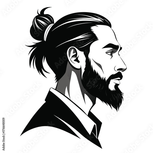 Man with Beard and Man Bun – Black and White Vector Portrait in Profile
