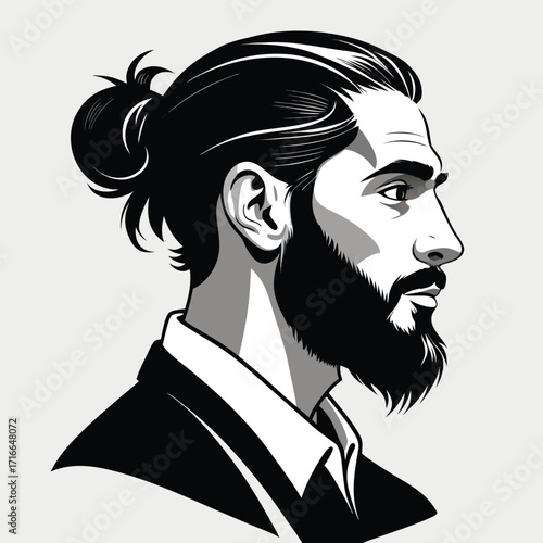 Man with Beard and Man Bun – Black and White Vector Portrait in Profile
