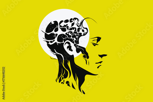 Abstract human head with brain illustration – surreal AI and psychology concept art