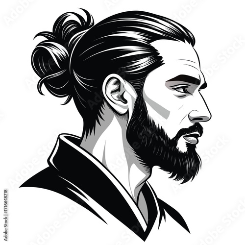 Man with Beard and Man Bun – Black and White Vector Portrait in Profile