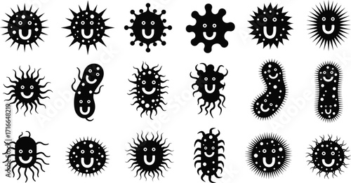 Cartoon microbes, black silhouette germs, smiling bacteria characters, educational science art, cute microorganisms, hygiene awareness, kids illustration