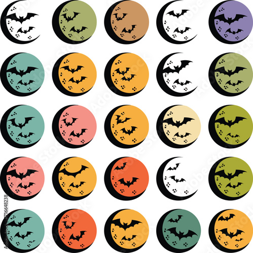 Vector art of collection of colorful moons with bats, a festive and spooky pattern for halloween, evoking night and the supernatural