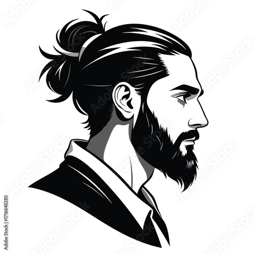 Man with Beard and Man Bun – Black and White Vector Portrait in Profile