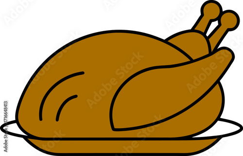 Roasted Turkey on a Platter with Black Outline on White Background Keywords: turkey, roast turkey, chicken, poultry, bird, food, meal, dinner, feast, holiday, thanksgiving, christmas, celebration