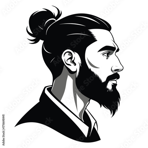 Man with Beard and Man Bun – Black and White Vector Portrait in Profile