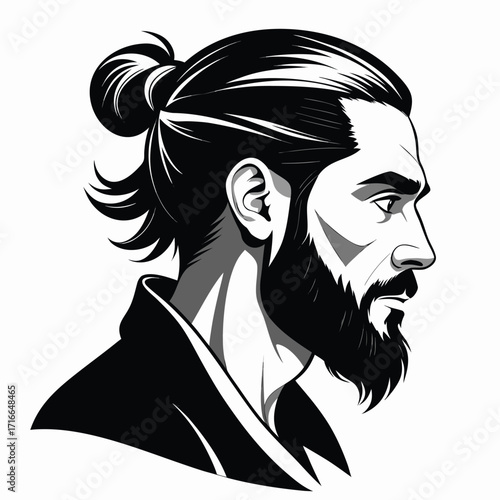 Man with Beard and Man Bun – Black and White Vector Portrait in Profile