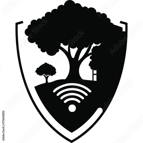 Smart Forest Monitoring Shield Icon trees wifi wireless technology nature environmental protection conservation sustainability ecology internet