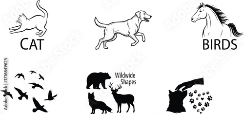 Animal silhouette vector set featuring pets, wildlife, birds, and hand-petting icons with bold text and black design shapes
