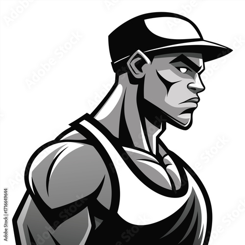 Strong Man Illustration – Black and White Vector of Muscular Athlete in Cap