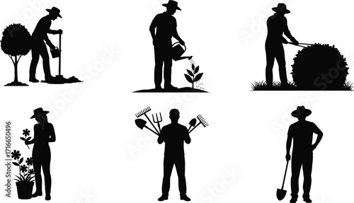 Gardener silhouette set showing digging, watering, pruning, gardening tools, plant care, flower tending, and outdoor activity in black vector style
