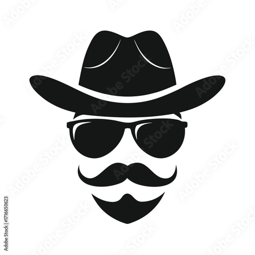 Cowboy Face Icon – Black Silhouette Vector of Man with Hat, Sunglasses, Mustache, and Beard