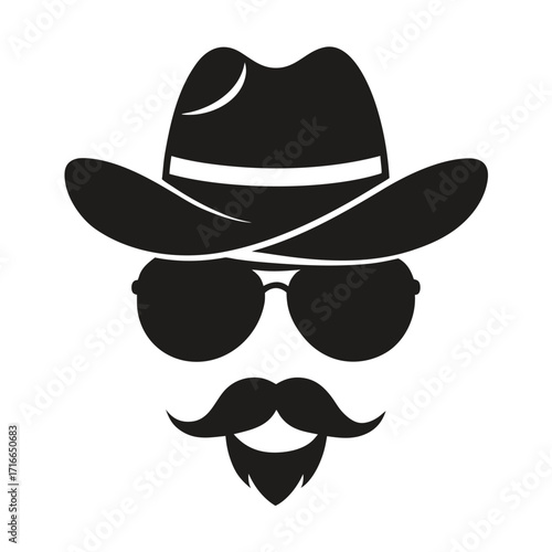 Cowboy Face Icon – Black Silhouette Vector of Man with Hat, Sunglasses, Mustache, and Beard