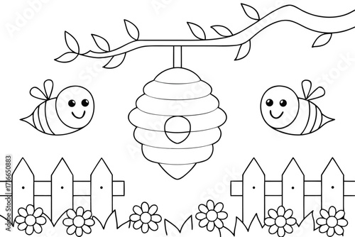 Happy Bees and Beehive in a Garden with Fence and Flowers Coloring Page Keywords: bees, beehive, hive, honey, insects, garden, flowers, plants
