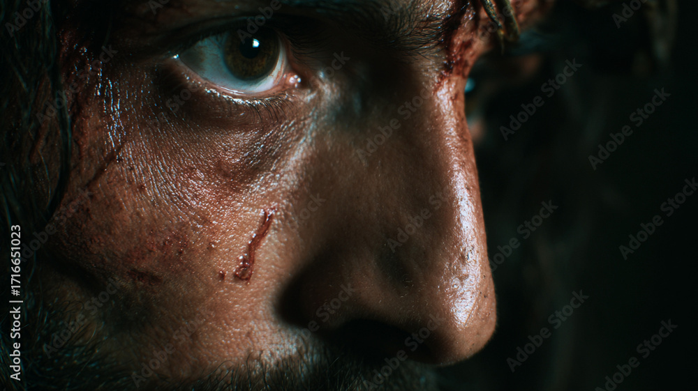 Obraz premium Close-up of the portrait of Jesus Christ wearing a crown of thorns.
