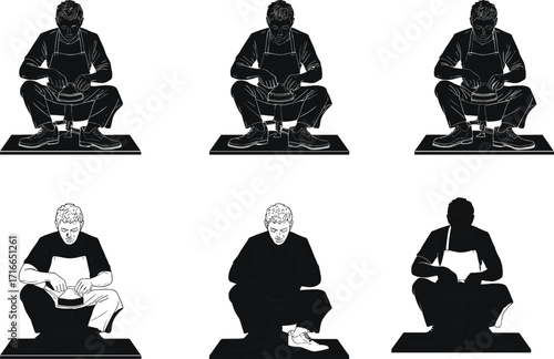 Pottery making silhouette set with wheel, clay shaping actions, artisan craft poses, black vector illustration icons