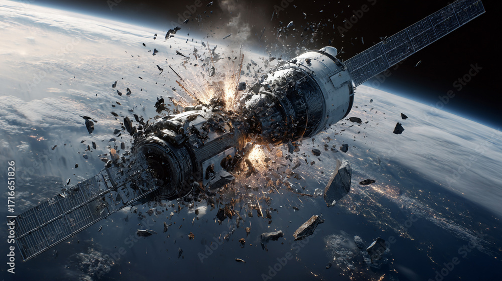 Obraz premium Satellite exploding in space debris scattering Earth below