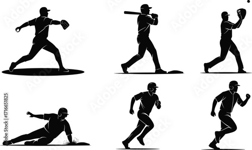 Silhouette ice hockey players in dynamic action poses with gear and sticks, ideal for sports design, motion cycle, and athletic content.