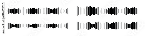 Black podcast sound wave patterns with varying amplitude bars for audio visualization and media interfaces. Digital frequency lines on white bg for music players, recording apps. vector illustration