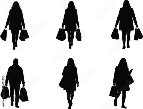 Silhouette Shoppers Carrying Bags – Women and Man Walking with Shopping Bags for Retail and Lifestyle Design