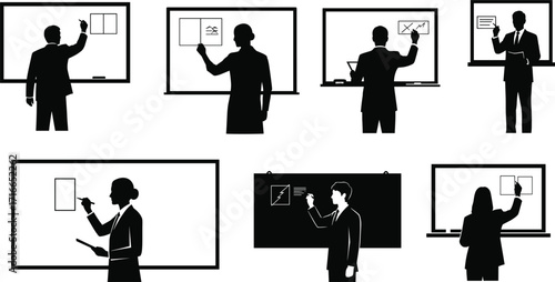 Silhouette presenters teaching with whiteboards and charts in dynamic poses, ideal for education, training, business design, and instructional content.