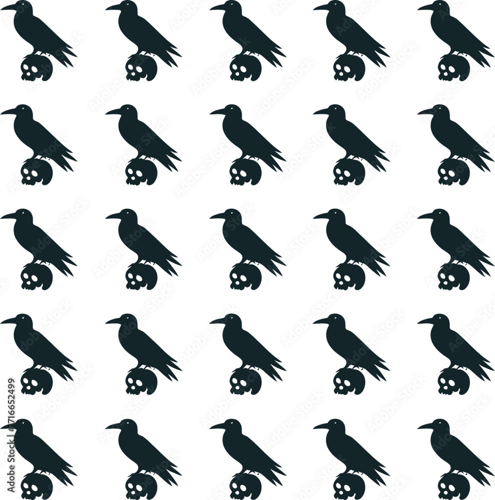 Fototapeta premium Vector art of seamless pattern of ravens perched on skulls halloween themed design with repeating elements for spooky and gothic aesthetics