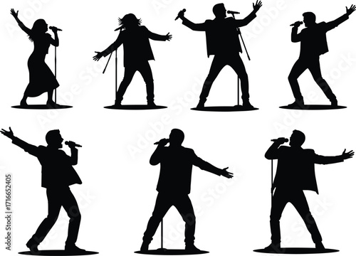 Silhouette singers performing with microphones in expressive stage poses, ideal for music design, concert artwork, motion cycle, and entertainment content.