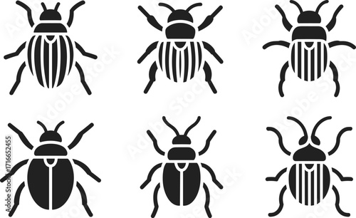 Beetle icons set, insect silhouette vector, decorative bug illustrations, scarab beetle graphics, vintage insect symbols, entomology design, stylized bug artwork collection
