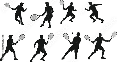 Silhouette tennis players in dynamic action poses with rackets, perfect for sports training, fitness, motion cycle, and athletic design content.