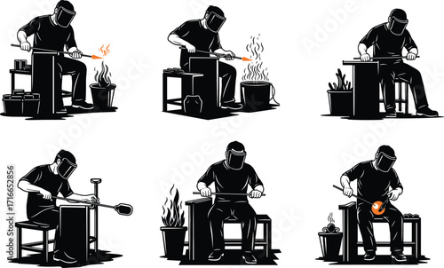 Silhouette vector glassblowers shaping, heating, blowing, and inspecting molten glass in traditional artisan workshop scenes.