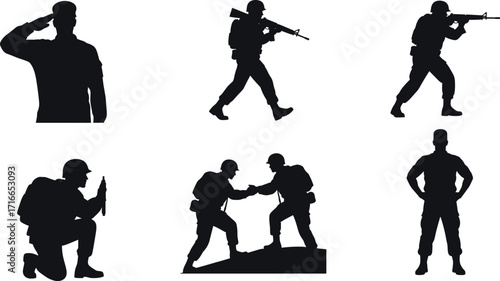 Silhouette vector soldiers in tactical poses—saluting, aiming, walking, kneeling, assisting, and standing—military action and teamwork illustration set.