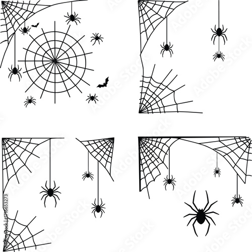Creepy halloween spider web corner decorations with spiders and bat for spooky ambiance