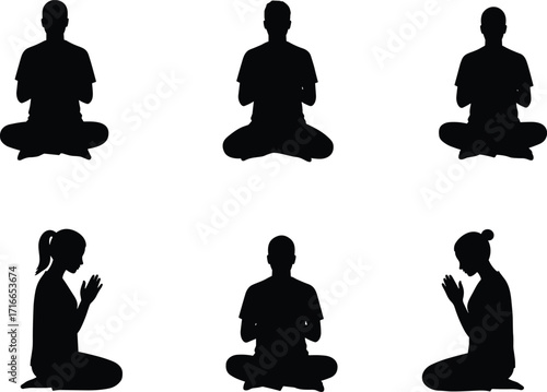 Silhouettes of People in Meditation and Prayer Poses, Seated Yoga Positions, Mindfulness Practice, Spiritual Rituals, Calm and Peaceful Moments