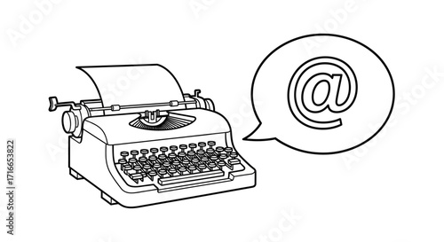 Vintage typewriter with an at symbol bubble shows the evolution of communication and email marketing, perfect for blog posts and social media campaigns