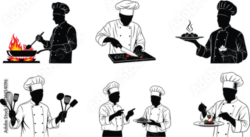 Stylized vector chefs cooking, slicing, garnishing, and plating food in kitchen scenes with red-orange highlights, black and white illustration set.