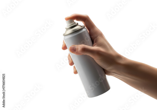 Hand holding and operating a white spray can against a dark backdrop transparent background