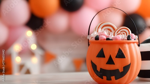 Trick-or-treat bag overflowing with candy and surrounded by pastel balloons 