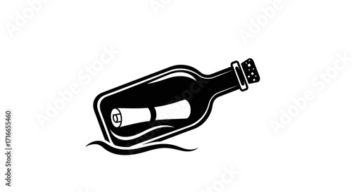 Find your message in a bottle graphic, a black and white icon of hope, adventure and connection, perfect for logos, social media or marketing
