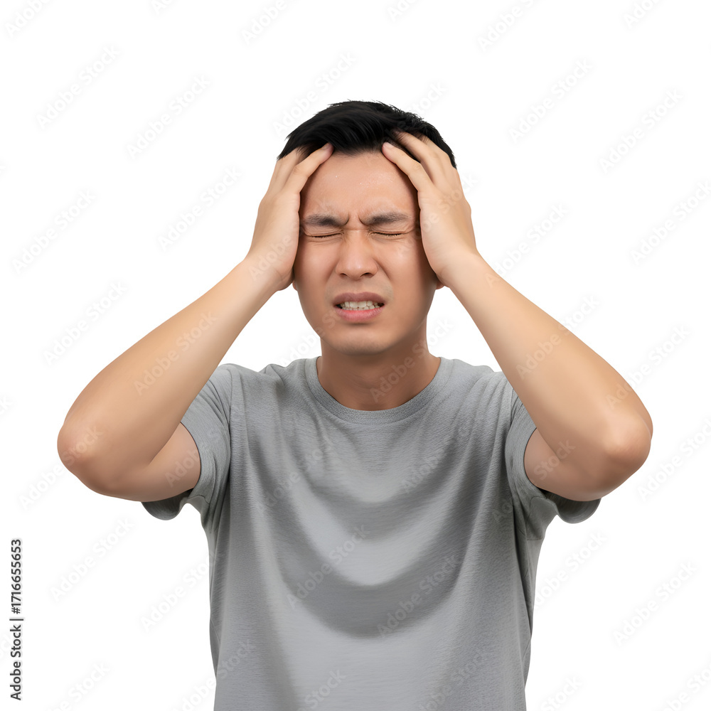 Fototapeta premium Man Experiencing Severe Headache, Stress, Pain, Migraine on white background